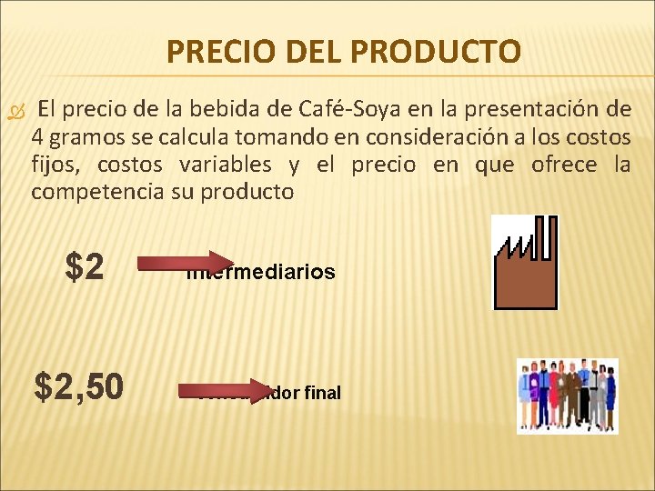 PRECIO DEL PRODUCTO El precio de la bebida de Café-Soya en la presentación de