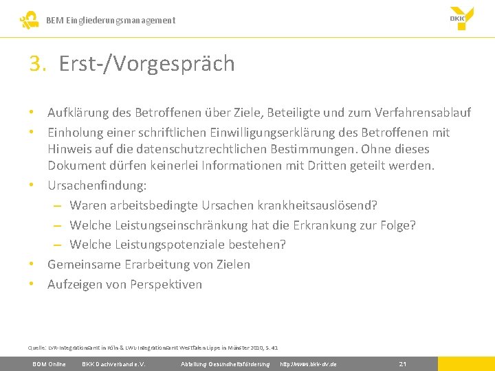 BEM Eingliederungsmanagement 3. Erst-/Vorgespräch • Aufklärung des Betroffenen über Ziele, Beteiligte und zum Verfahrensablauf