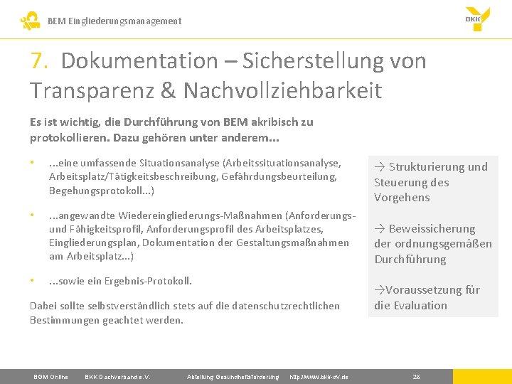 BEM Eingliederungsmanagement 7. Dokumentation – Sicherstellung von Transparenz & Nachvollziehbarkeit Es ist wichtig, die