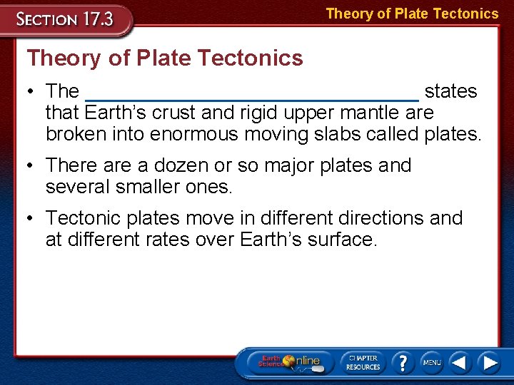 Theory of Plate Tectonics • The _______________ states that Earth’s crust and rigid upper