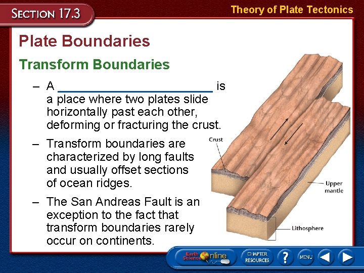 Theory of Plate Tectonics Plate Boundaries Transform Boundaries – A ____________ is a place