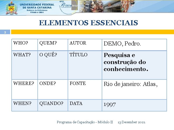 ELEMENTOS ESSENCIAIS 3 WHO? QUEM? AUTOR DEMO, Pedro. WHAT? O QUÊ? TÍTULO Pesquisa e