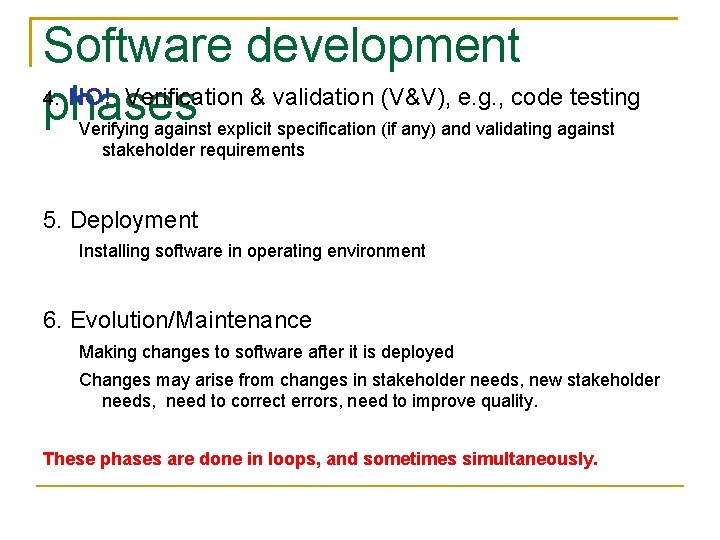 Software development 4. NO! Verification & validation (V&V), e. g. , code testing phases