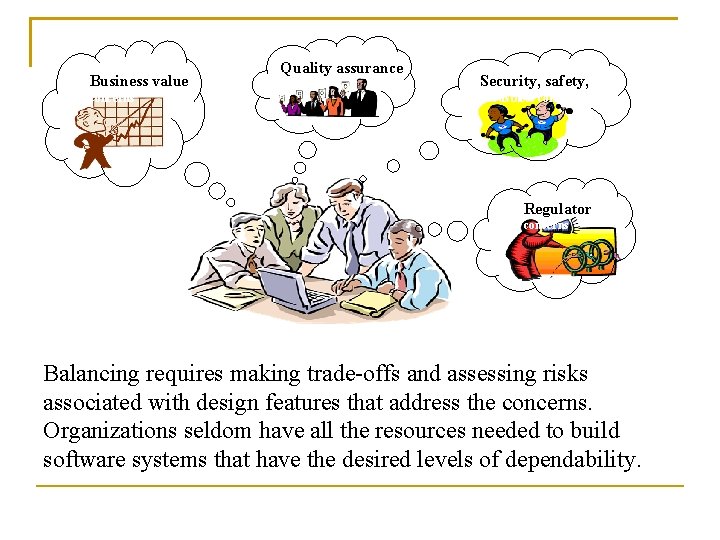 Business value concerns Quality assurance concerns Security, safety, robustness concerns Regulatory concerns Balancing requires