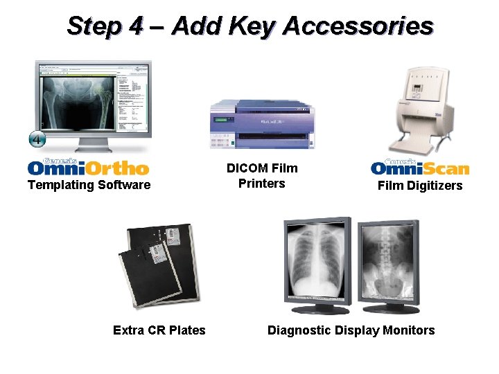 Step 4 – Add Key Accessories Templating Software Extra CR Plates DICOM Film Printers