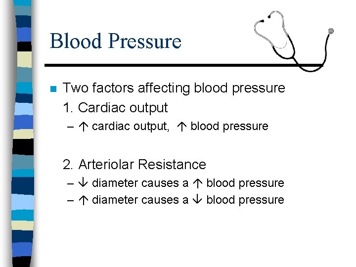 Blood Pressure n Two factors affecting blood pressure 1. Cardiac output – cardiac output,