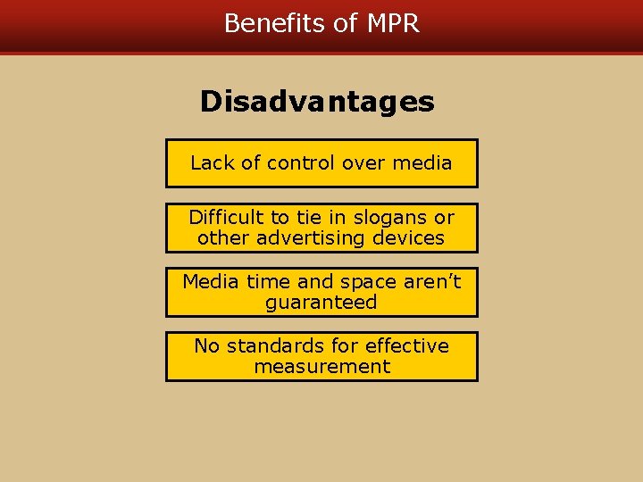 Benefits of MPR Disadvantages Lack of control over media Difficult to tie in slogans