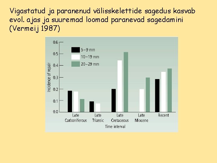 Vigastatud ja paranenud välisskelettide sagedus kasvab evol. ajas ja suuremad loomad paranevad sagedamini (Vermeij