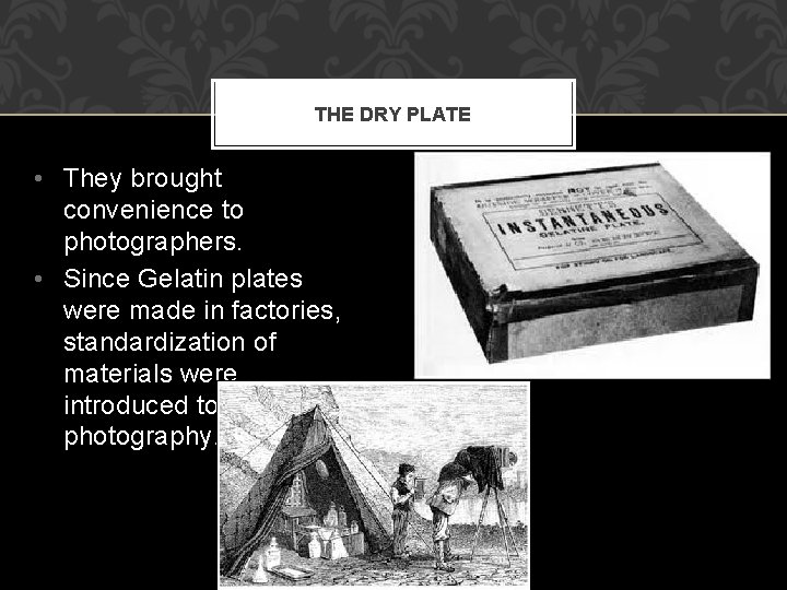 THE DRY PLATE • They brought convenience to photographers. • Since Gelatin plates were