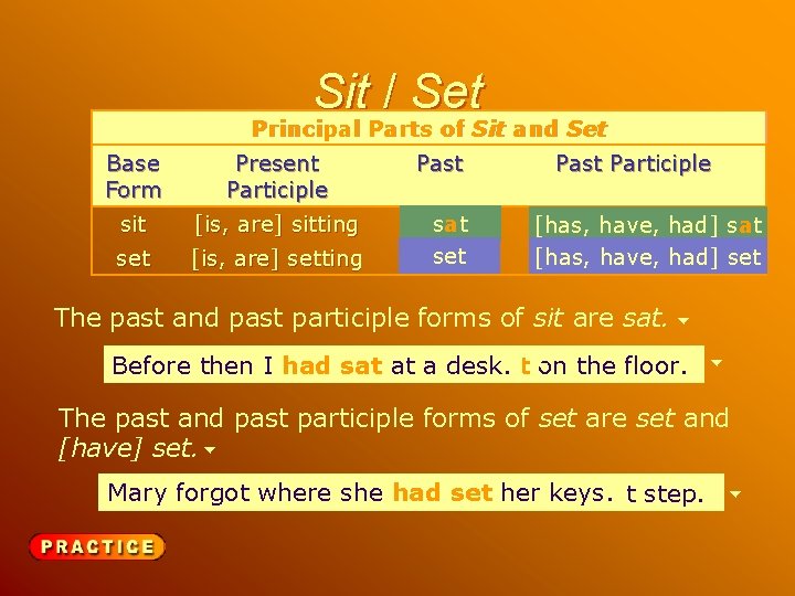 Sit / Set Principal Parts of Sit and Set Base Form Present Participle Past
