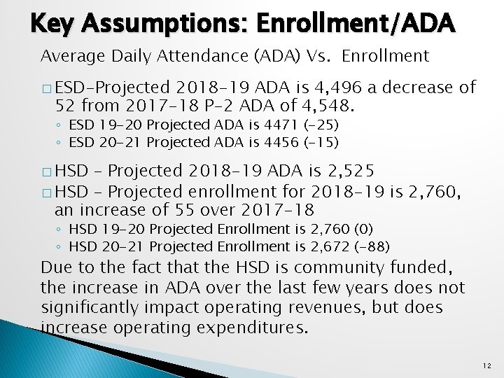 Key Assumptions: Enrollment/ADA Average Daily Attendance (ADA) Vs. Enrollment � ESD-Projected 2018 -19 ADA