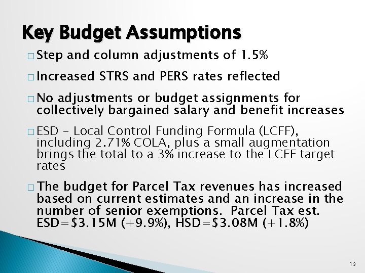 Key Budget Assumptions � Step and column adjustments of 1. 5% � Increased STRS