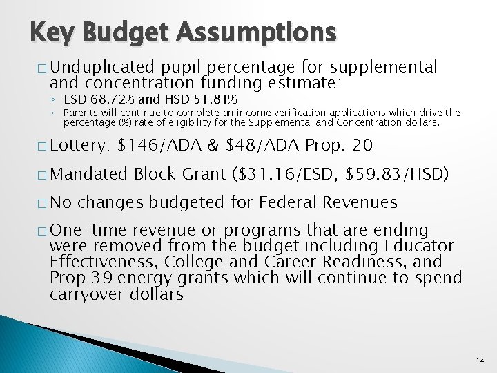 Key Budget Assumptions � Unduplicated pupil percentage for supplemental and concentration funding estimate: ◦