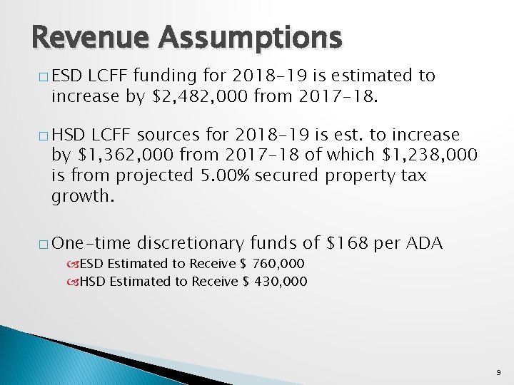 Revenue Assumptions � ESD LCFF funding for 2018 -19 is estimated to increase by