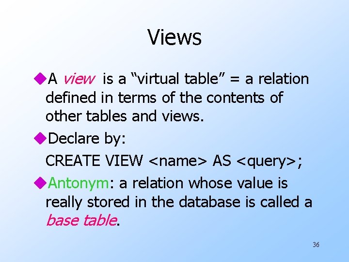 Views u. A view is a “virtual table” = a relation defined in terms