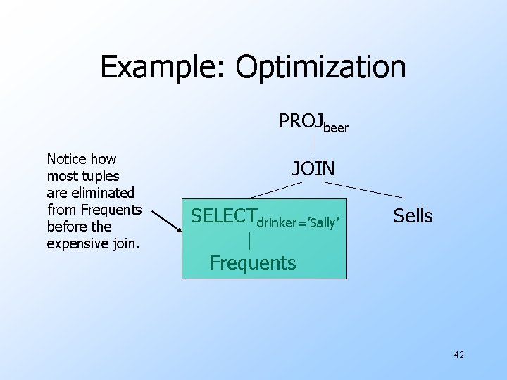 Example: Optimization PROJbeer Notice how most tuples are eliminated from Frequents before the expensive