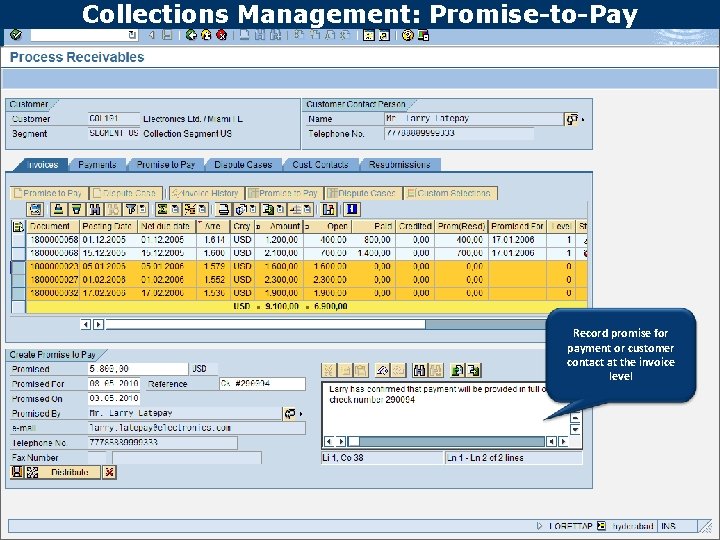 Collections Management: Promise-to-Pay Text Record promise for payment or customer contact at the invoice