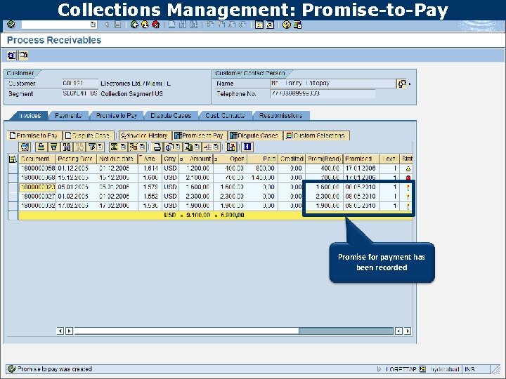 Collections Management: Promise-to-Pay Promise for payment has been recorded 13 Text 