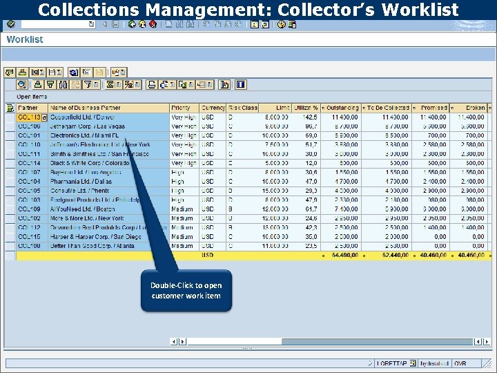 Collections Management: Collector’s Worklist Text Double-Click to open customer work item 8 