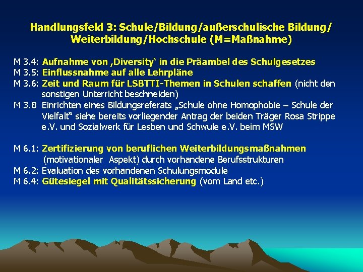 Handlungsfeld 3: Schule/Bildung/außerschulische Bildung/ Weiterbildung/Hochschule (M=Maßnahme) M 3. 4: Aufnahme von , Diversity‘ in