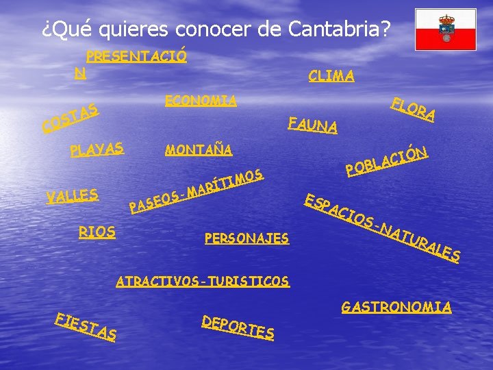¿Qué quieres conocer de Cantabria? N PRESENTACIÓ CLIMA S STA PLAYAS RIOS RA FAUNA