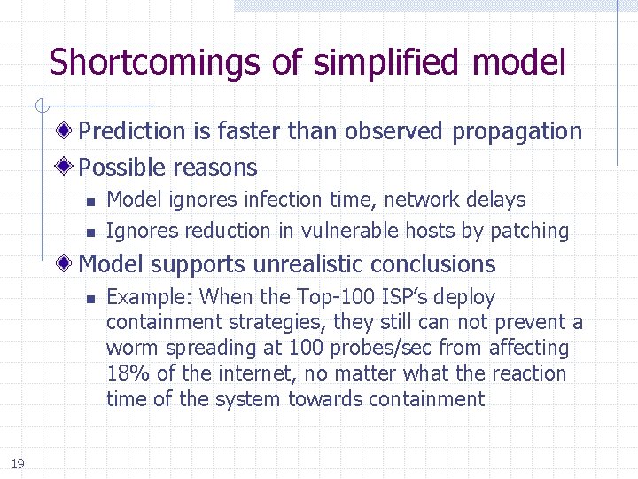 Shortcomings of simplified model Prediction is faster than observed propagation Possible reasons n n