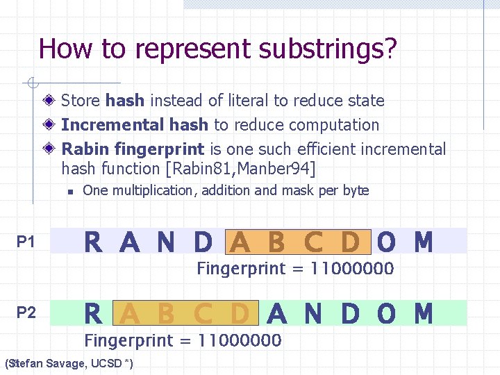 How to represent substrings? Store hash instead of literal to reduce state Incremental hash