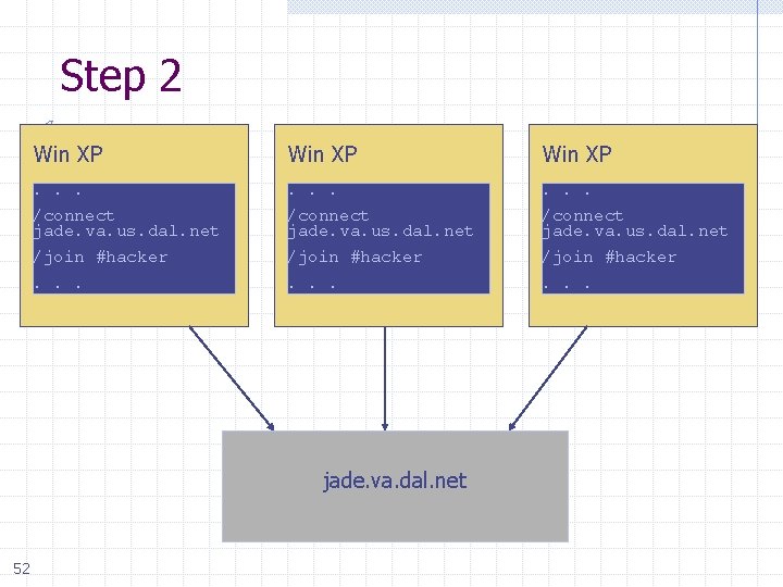 Step 2 Win XP . . /connect jade. va. us. dal. net /join #hacker.