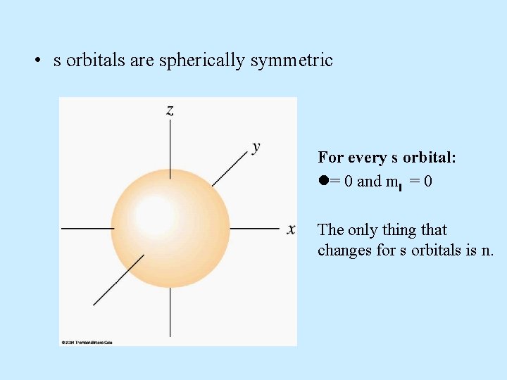  • s orbitals are spherically symmetric For every s orbital: l= 0 and