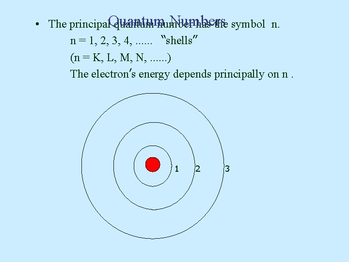 Numbers • The principal. Quantum quantum number has the symbol n. n = 1,