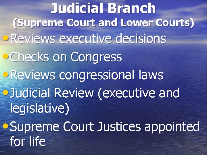 Judicial Branch (Supreme Court and Lower Courts) • Reviews executive decisions • Checks on