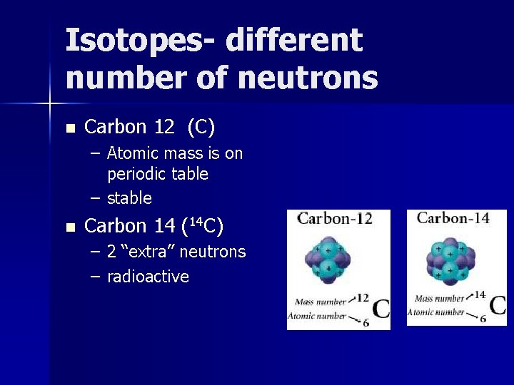 Isotopes- different number of neutrons n Carbon 12 (C) – Atomic mass is on