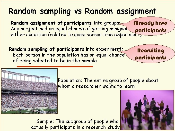 Random sampling vs Random assignment of participants into groups: Already have Any subject had