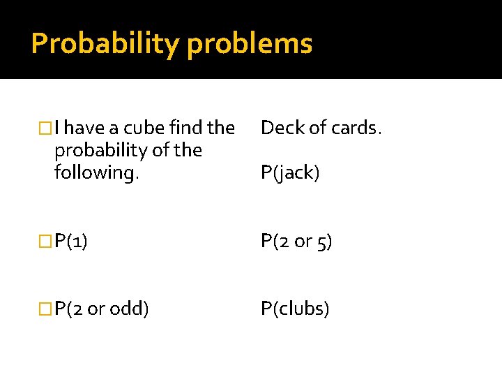 Probability problems �I have a cube find the probability of the following. Deck of