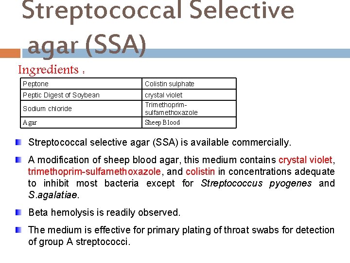 Streptococcal Selective agar (SSA) Ingredients : Peptone Colistin sulphate Peptic Digest of Soybean crystal