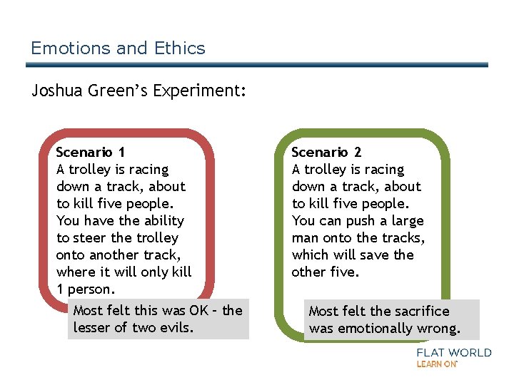 Emotions and Ethics Joshua Green’s Experiment: Scenario 1 A trolley is racing down a