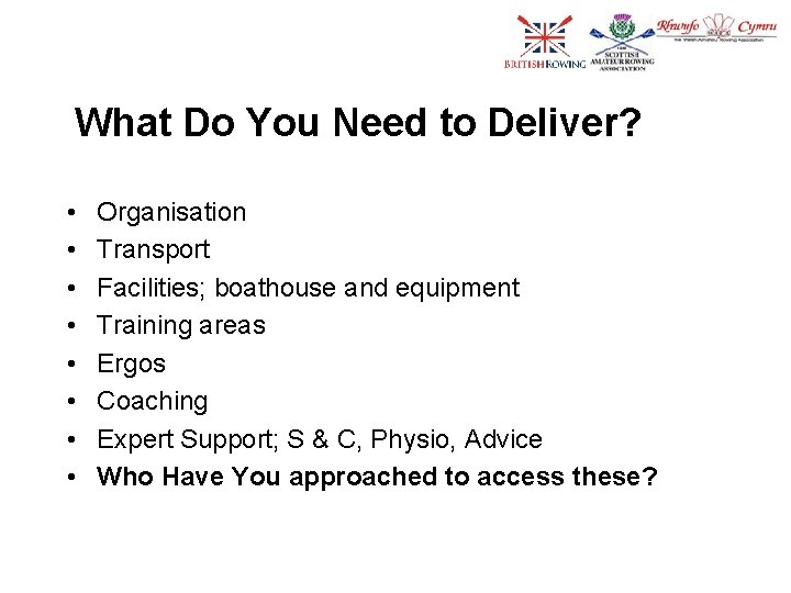 What Do You Need to Deliver? • • Organisation Transport Facilities; boathouse and equipment