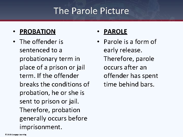 The Parole Picture • PROBATION • The offender is sentenced to a probationary term
