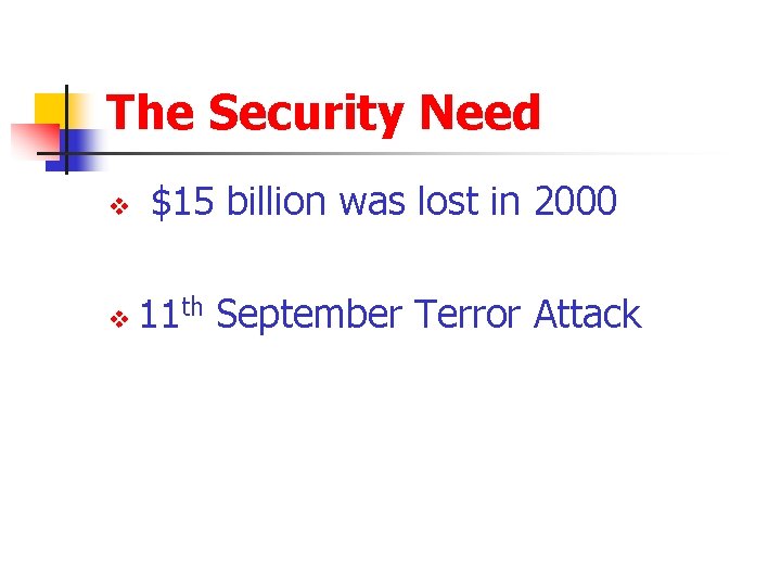 The Security Need v $15 billion was lost in 2000 v 11 th September