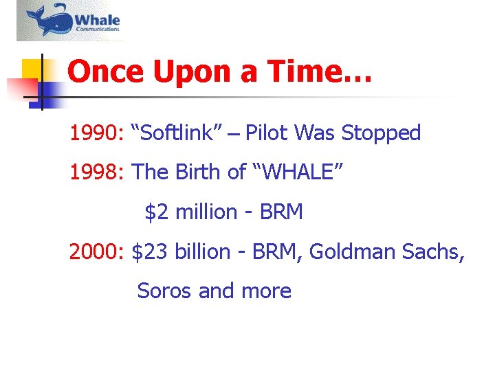 Once Upon a Time… 1990: “Softlink” – Pilot Was Stopped 1998: The Birth of