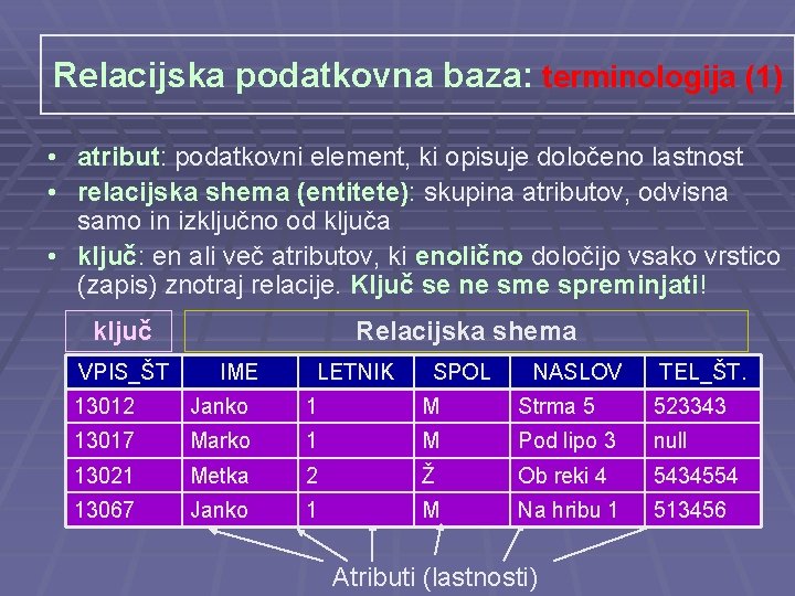 Relacijska podatkovna baza: terminologija (1) • atribut: podatkovni element, ki opisuje določeno lastnost •