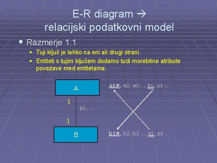 E-R diagram relacijski podatkovni model § Razmerje 1: 1 § Tuji ključ je lahko