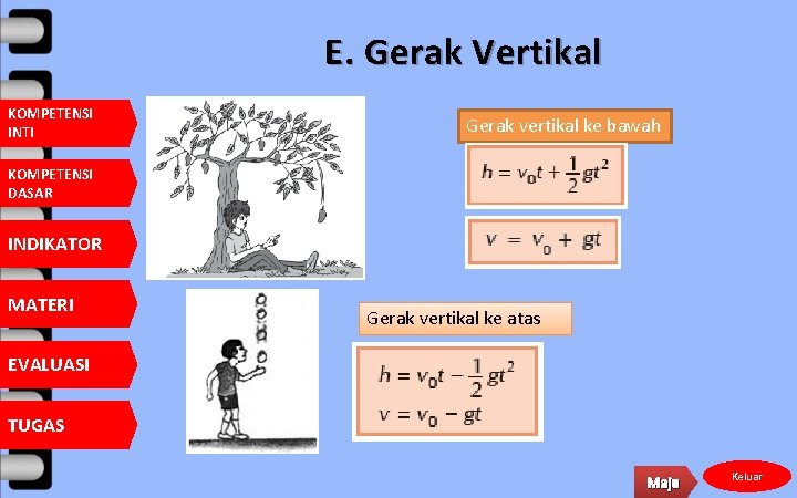 E. Gerak Vertikal KOMPETENSI INTI Gerak vertikal ke bawah KOMPETENSI DASAR INDIKATOR MATERI Gerak