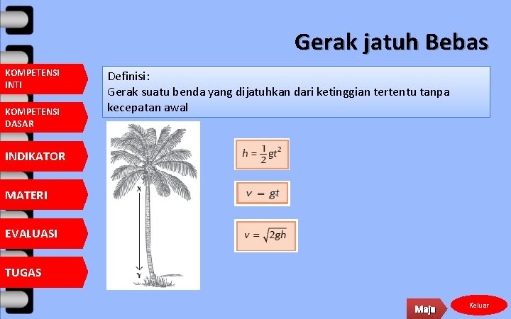 Gerak jatuh Bebas KOMPETENSI INTI KOMPETENSI DASAR Definisi: Gerak suatu benda yang dijatuhkan dari