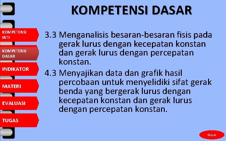 KOMPETENSI DASAR KOMPETENSI INTI KOMPETENSI DASAR INDIKATOR MATERI EVALUASI 3. 3 Menganalisis besaran-besaran fisis