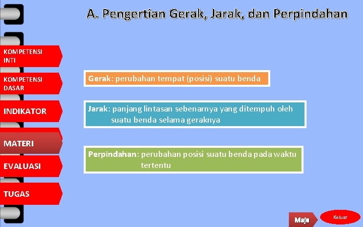 A. Pengertian Gerak, Jarak, dan Perpindahan KOMPETENSI INTI KOMPETENSI DASAR Gerak: perubahan tempat (posisi)