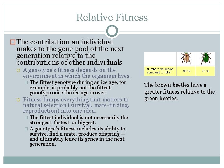 Relative Fitness � The contribution an individual makes to the gene pool of the