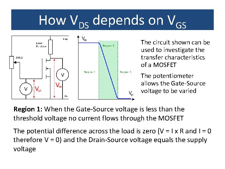 How VDS depends on VGS The circuit shown can be used to investigate the