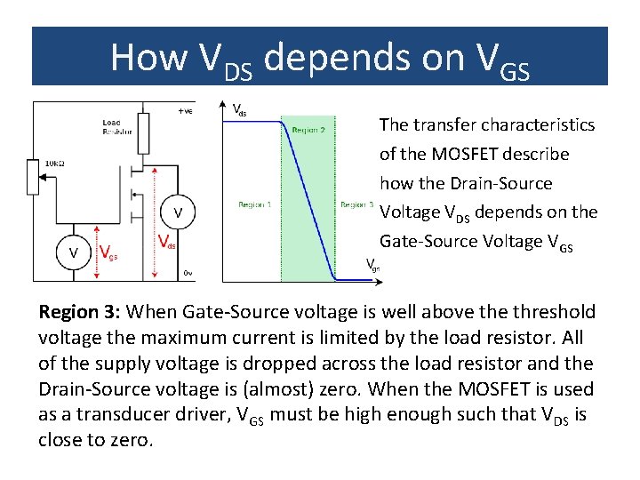 How VDS depends on VGS The transfer characteristics of the MOSFET describe how the