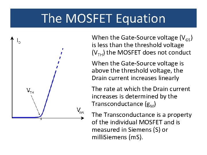 The MOSFET Equation When the Gate-Source voltage (VGS) is less than the threshold voltage